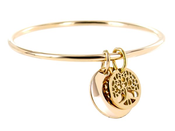 Bracelet jonc arbre de vie et médaille acier doré à personnaliser
