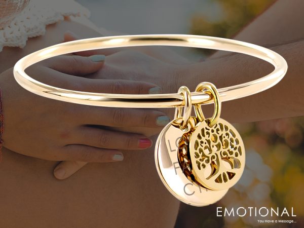 Bracelet jonc arbre de vie et médaille acier doré à personnaliser