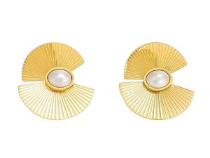 Boucles d'oreilles bohème cabochon blanc en acier inoxydable doré