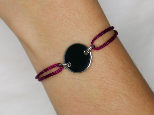 Bracelet ajustable cordon pailleté avec médaille ronde à personnaliser en acier inoxydable argenté