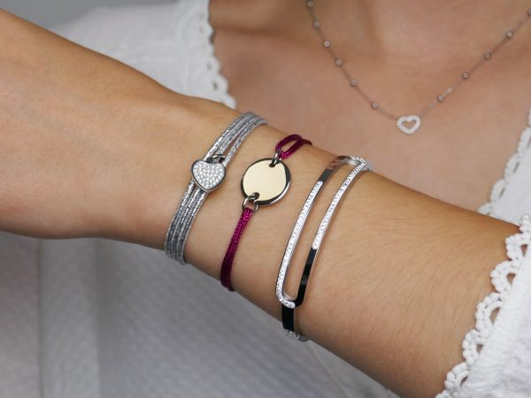Bracelet ajustable cordon pailleté avec médaille ronde à personnaliser en acier inoxydable argenté