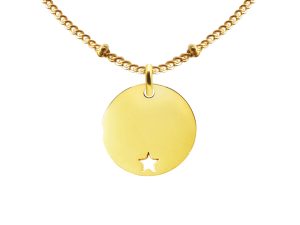 Collier maille boule alternée orné d'une médaille ronde avec étoile ajourée en acier inoxydable doré