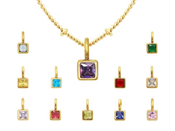 Collier maille boule alternée pendentif pierre de naissance en acier inoxydable doré