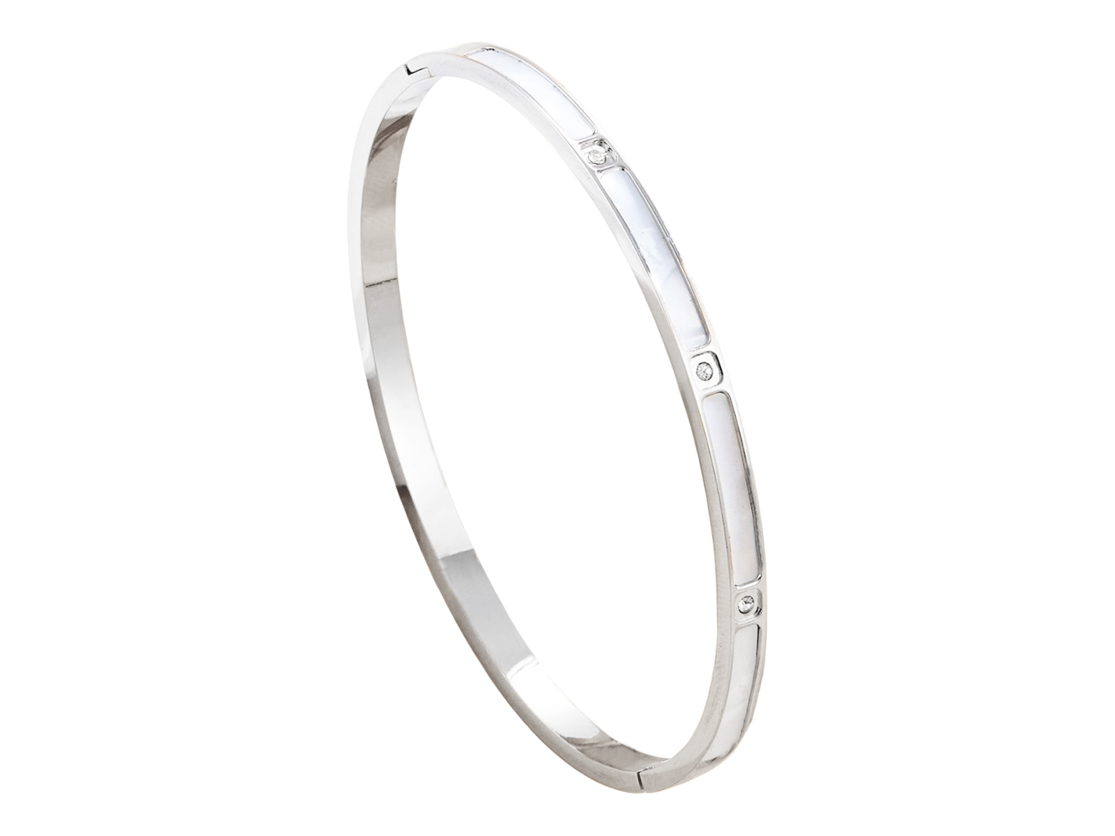 Jonc articulé rehaussé d'oxydes de zirconium et nacre blanche en acier inoxydable argenté