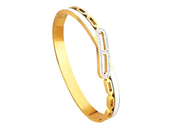 JNCF18-GOLD-1.jpg Jonc articulé maille marine rehaussé de cristaux fantaisie et émail blanc en acier inoxydable doré