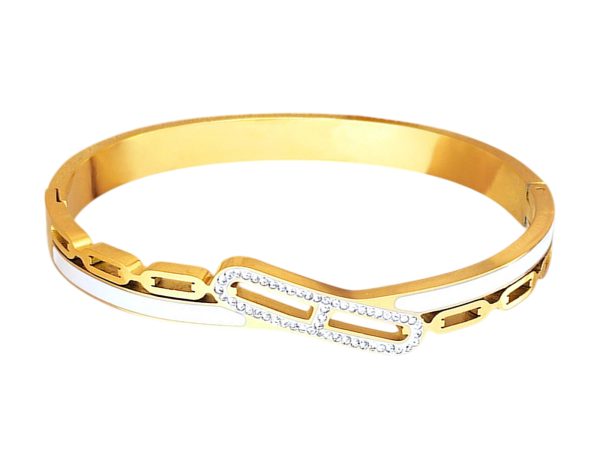 Jonc articulé maille marine rehaussé de cristaux fantaisie et émail blanc en acier inoxydable doré