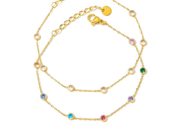 Chaîne de cheville breloques oxydes de zirconium en acier inoxydable doré