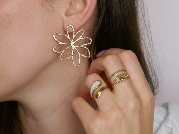 Boucles d'oreilles fleur filigrane en acier inoxydable doré