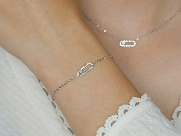 Bracelet trombone oxydes de zirconium et cœur nacre en acier inoxydable argenté