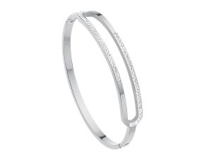 Jonc articulé cercle ajouré rehaussé de cristaux fantaisie en acier inoxydable argenté