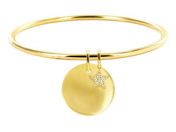 Jonc rigide médaille ronde à personnaliser (20mm) et étoile oxydes de zirconium en acier inoxydable doré