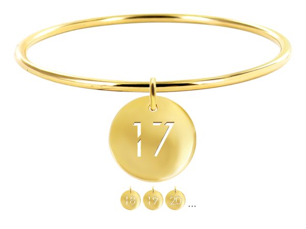 Jonc rigide agrémenté d'une pampille numéro découpé (20mm) en acier inoxydable doré