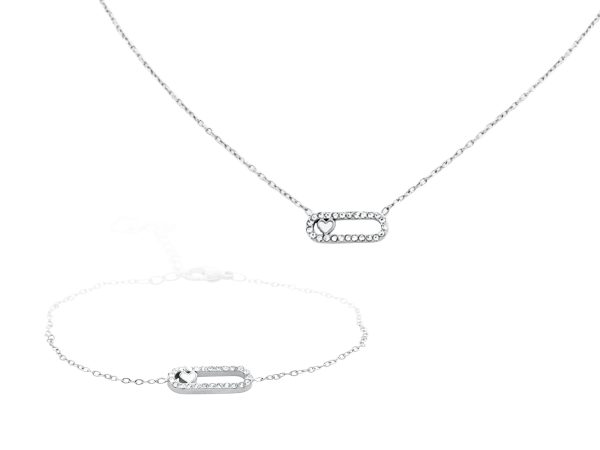 Bracelet trombone oxydes de zirconium et cœur nacre en acier inoxydable argenté