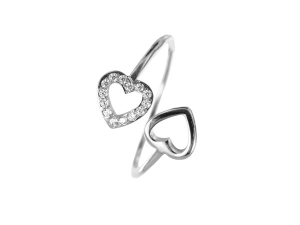 Bague ajustable amour rehaussée d'OZ blancs en acier inoxydable argenté