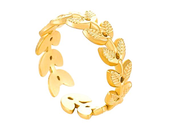 Bague ajustable feuilles en acier inoxydable doré