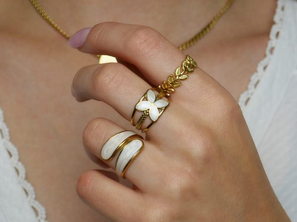 Bague ajustable feuilles en acier inoxydable doré