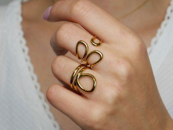 Bague ajustable forme géométrique en acier inoxydable doré