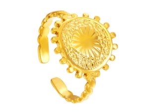 Bague ajustable médaillon cœur bohème en acier inoxydable doré