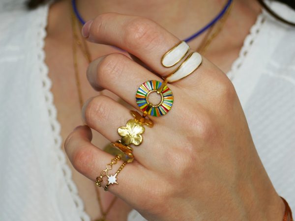 Bague ajustable goutte émail coloré en acier inoxydable doré