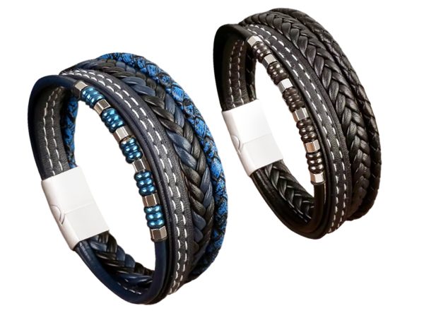 Bracelet homme 4 rangs en similicuir et acier inoxydable