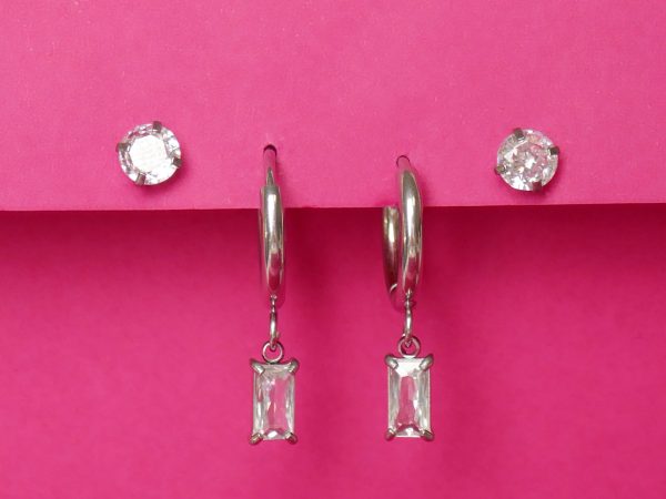 Créoles breloques oxydes de zirconium en acier inoxydable argenté