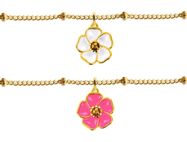 Chaîne de cheville maille boule alternée fleur de sakura en acier inoxydable doré