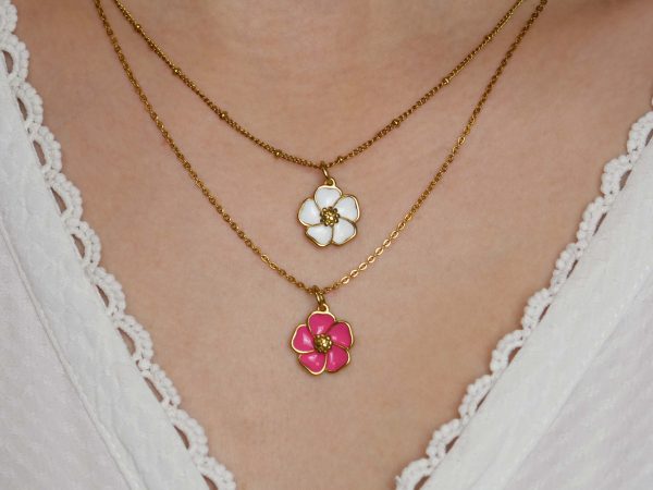 Collier chaîne maille boule alternée fleur de sakura en acier inoxydable doré