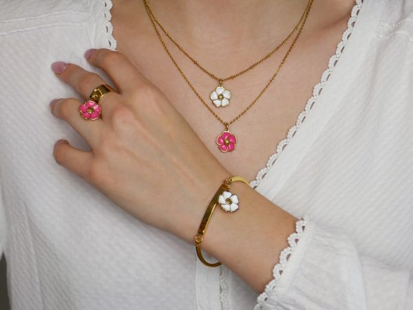 Jonc gourmette fleur de sakura en acier inoxydable doré