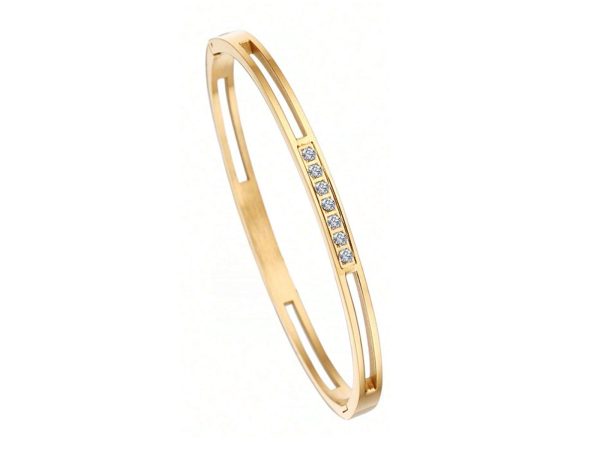 Jonc articulé rehaussé d'oxydes de zirconium blancs en acier inoxydable doré