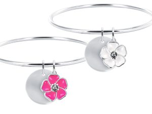 Jonc rigide médaille ronde à personnaliser (20mm) et fleur de sakura (14mm) en acier inoxydable argenté