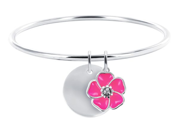 Jonc rigide médaille ronde à personnaliser (20mm) et fleur de sakura (14mm) en acier inoxydable argenté