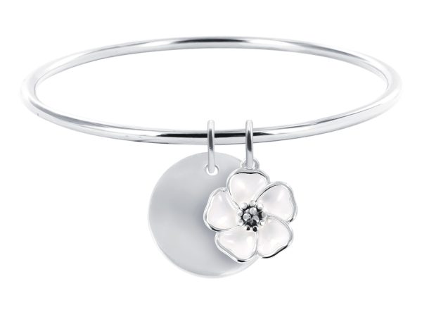 Jonc rigide médaille ronde à personnaliser (20mm) et fleur de sakura (14mm) en acier inoxydable argenté