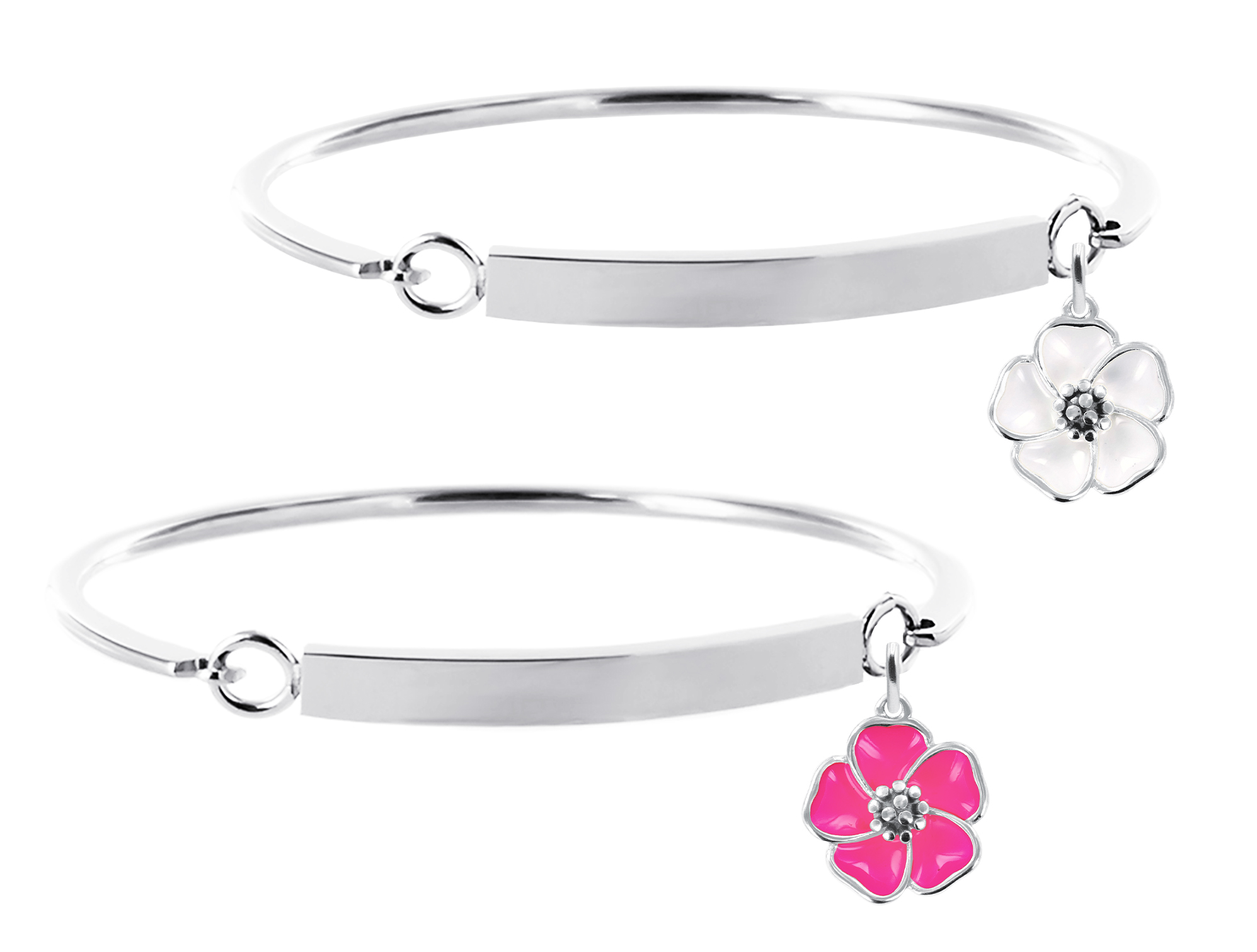 Jonc gourmette fleur de sakura en acier inoxydable argenté