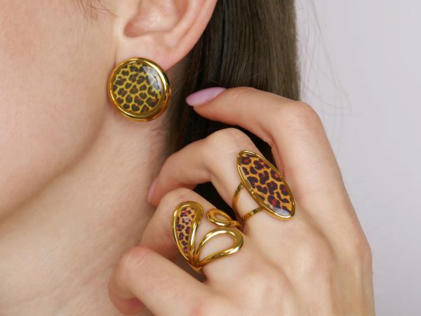 Bague ajustable imprimé léopard en acier inoxydable doré