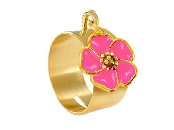 Bague tube fleur de sakura en acier inoxydable doré