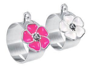 Bague tube fleur de sakura en acier inoxydable argenté