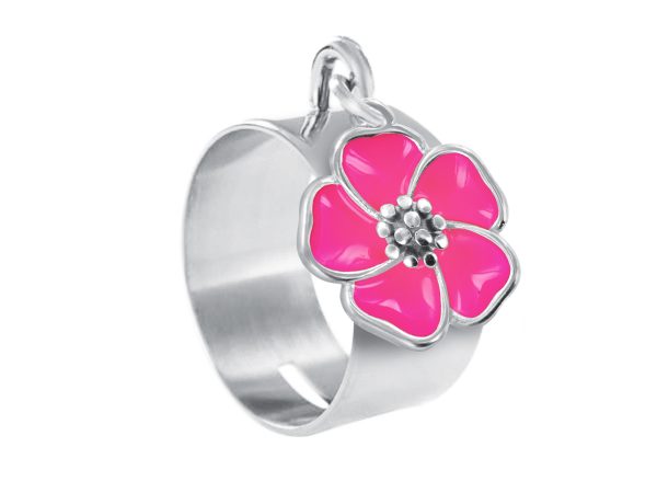 Bague tube fleur de sakura en acier inoxydable argenté