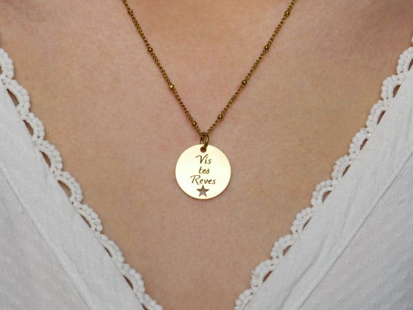 Collier maille boule alternée acier doré médaille étoile à personnaliser