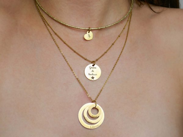 Collier maille boule alternée acier doré médaille étoile à personnaliser