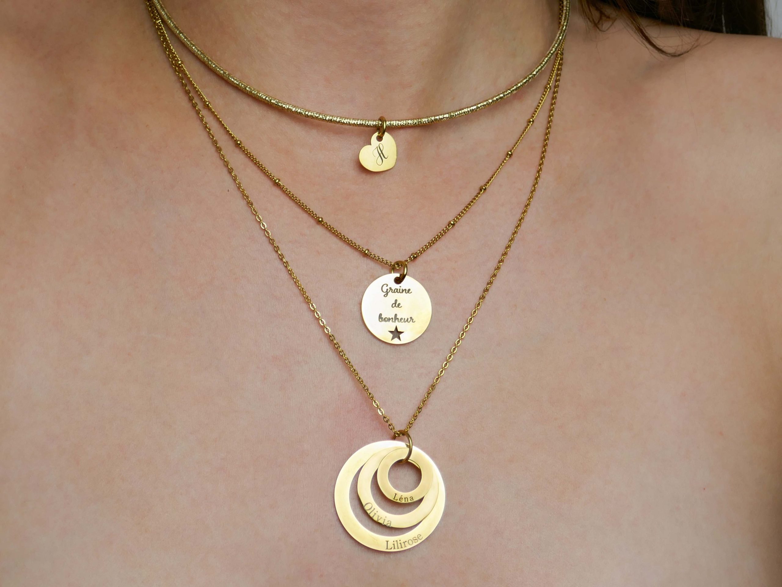 Collier maille boule alternée acier doré médaille étoile à personnaliser