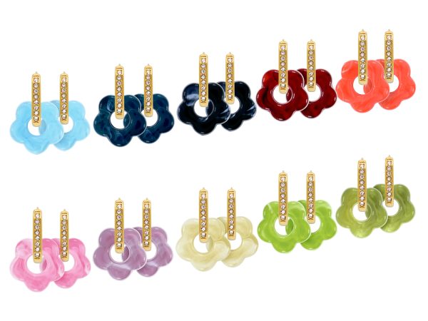 Créoles ovales oxydes de zirconium et fleur colorée en acier inoxydable doré