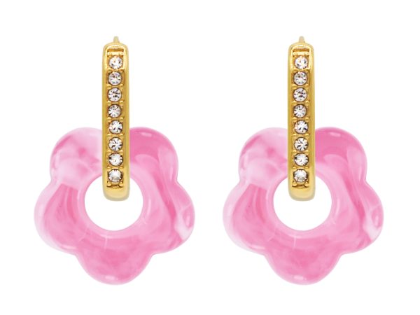 Créoles ovales oxydes de zirconium et fleur colorée en acier inoxydable doré