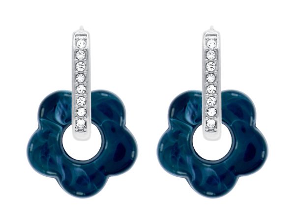 Créoles ovales oxydes de zirconium et fleur colorée en acier inoxydable argenté