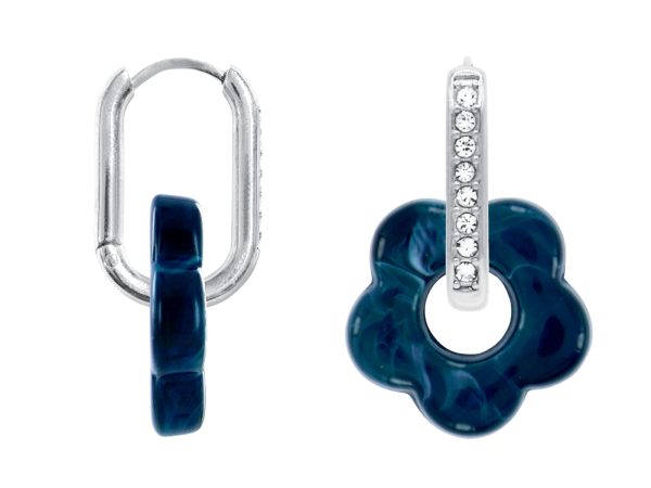 Créoles ovales oxydes de zirconium et fleur colorée en acier inoxydable argenté