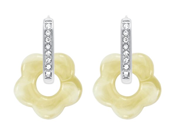 Créoles ovales oxydes de zirconium et fleur colorée en acier inoxydable argenté