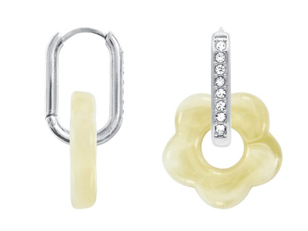 Créoles ovales oxydes de zirconium et fleur colorée en acier inoxydable argenté