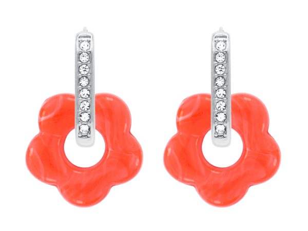 Créoles ovales oxydes de zirconium et fleur colorée en acier inoxydable argenté