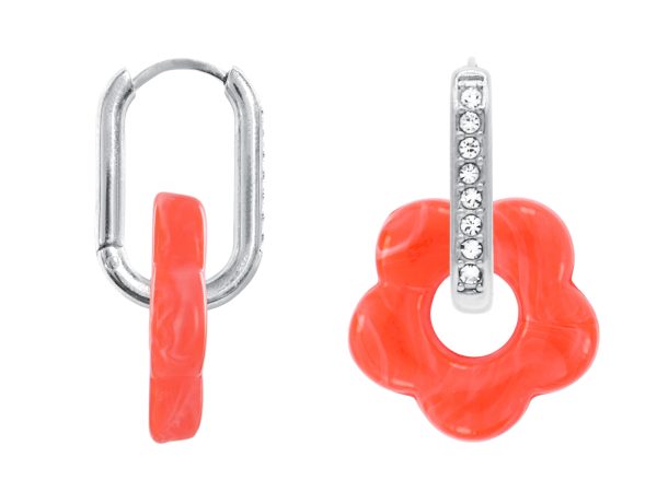 Créoles ovales oxydes de zirconium et fleur colorée en acier inoxydable argenté