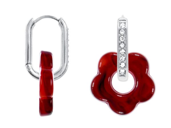 Créoles ovales oxydes de zirconium et fleur colorée en acier inoxydable argenté