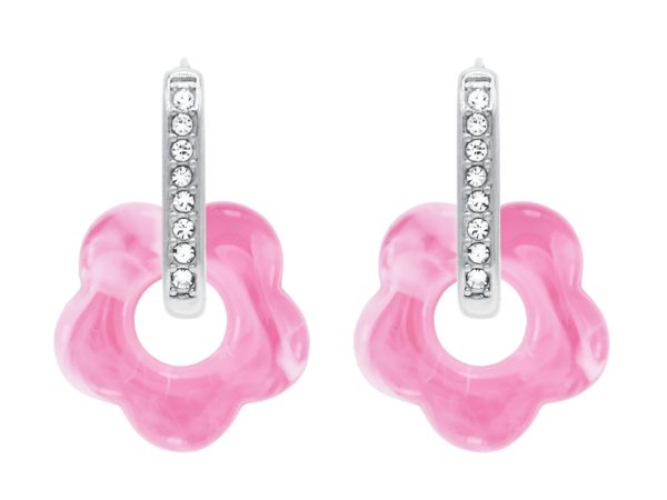 Créoles ovales oxydes de zirconium et fleur colorée en acier inoxydable argenté